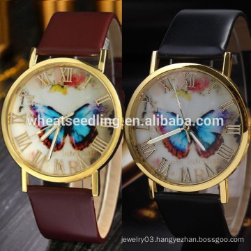 2014 Excellent Womens Leather Band Fashion Butterfly Style Analog Quartz Wrist Watch